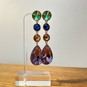 Green, blue, yellow, purple rhinestone chandelier earrings